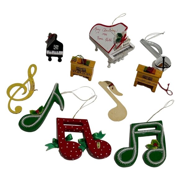 Vintage Wooden Musical Christmas Tree Ornaments Set Instrument Piano 10 Piece - Picture 1 of 15